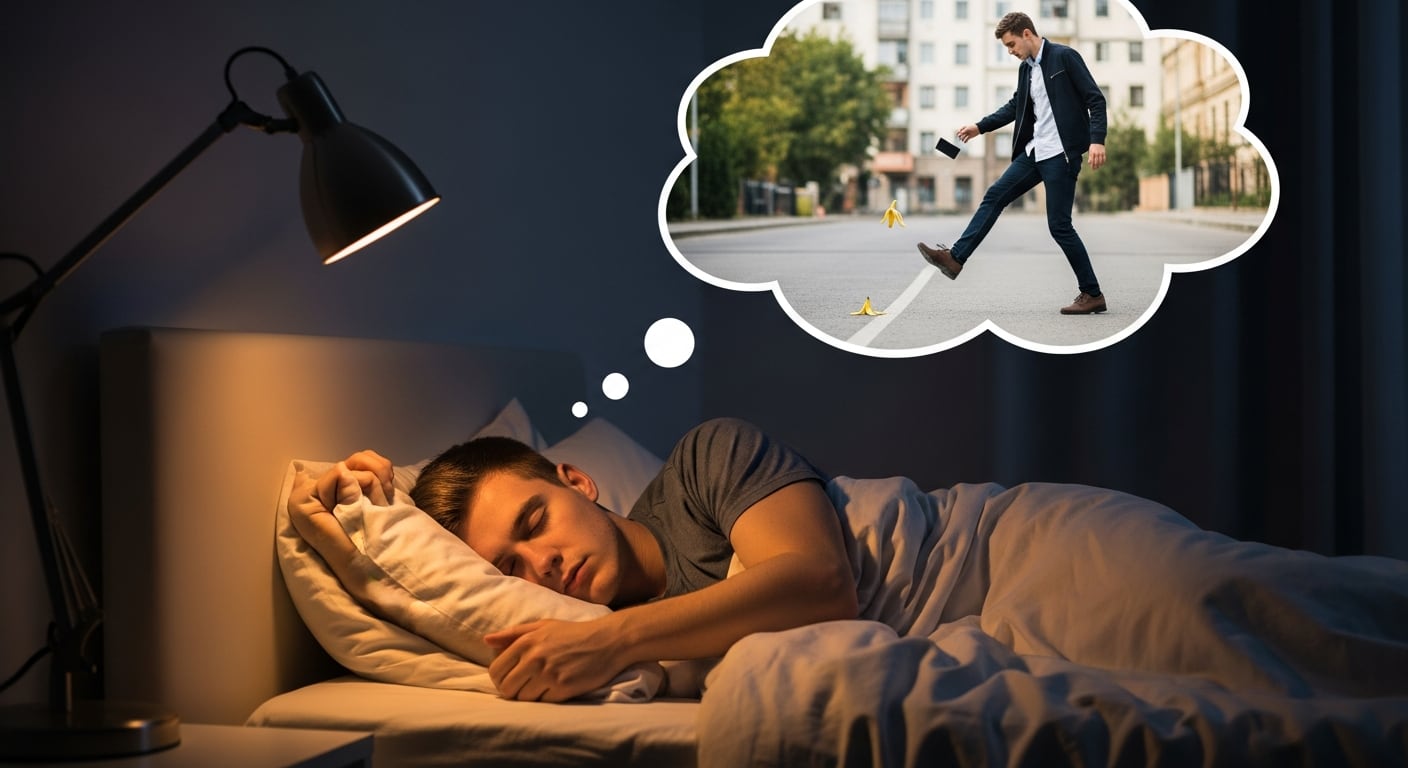 Un joven descansa profundamente en su cama mientras una burbuja de pensamiento revela su sueño de resbalar con una cáscara de banana y dejar caer su celular en un entorno urbano diurno. (Imagen Ilustrativa Infobae)