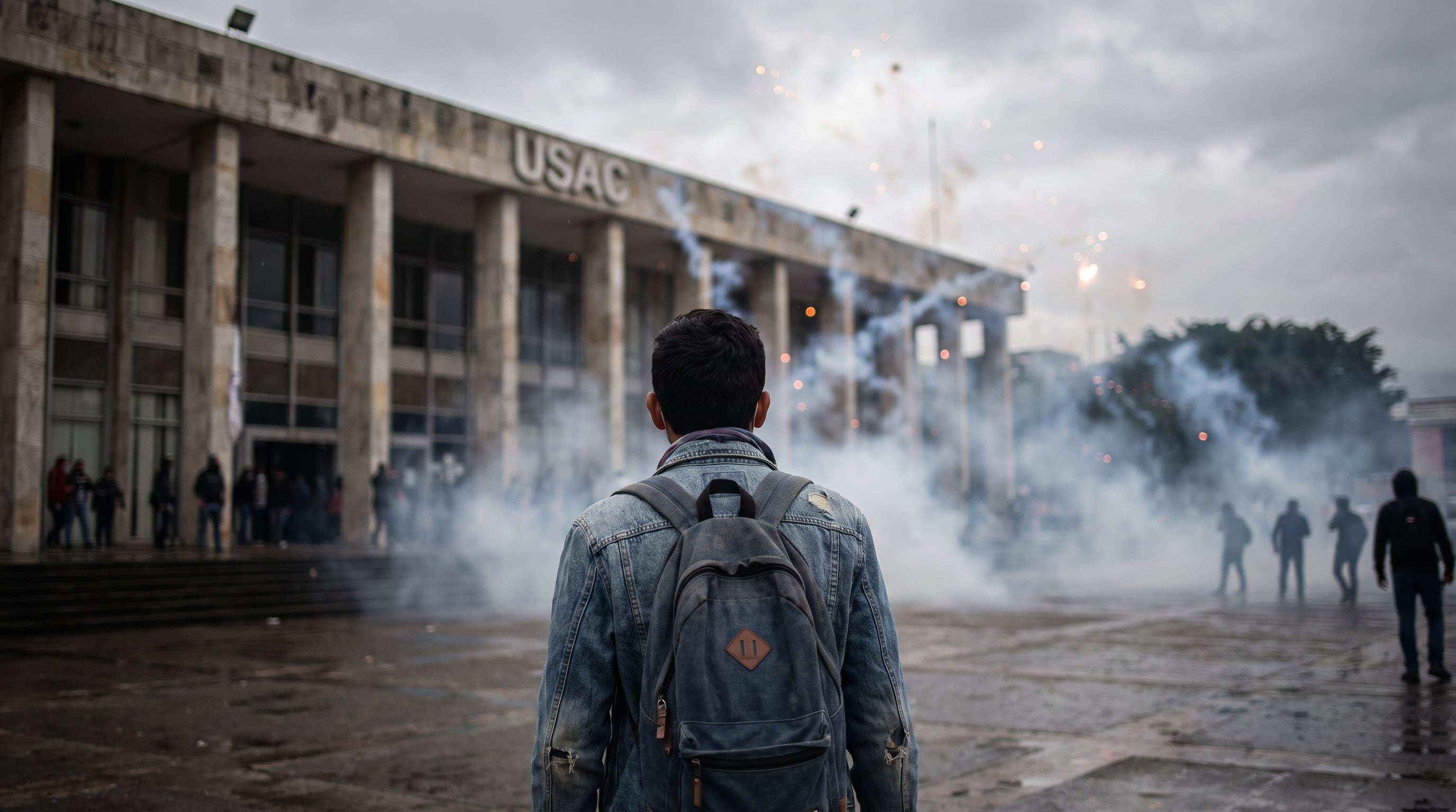 Un estudiante universitario se sitúa frente a la fachada del campus centra, mientras humo de gas lacrimógeno y destellos de pirotecnia dispersos llenan el ambiente. (Imagen Ilustrativa Infobae)