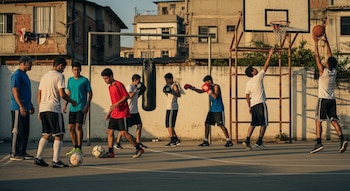 Un entrenador guía a siete adolescentes que practican fútbol, boxeo y baloncesto en una cancha exterior de barrio, con edificios residenciales al fondo.