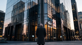 Un hombre de espaldas viste un abrigo y se encuentra frente a un edificio de cristal con reflejos del cielo al atardecer.