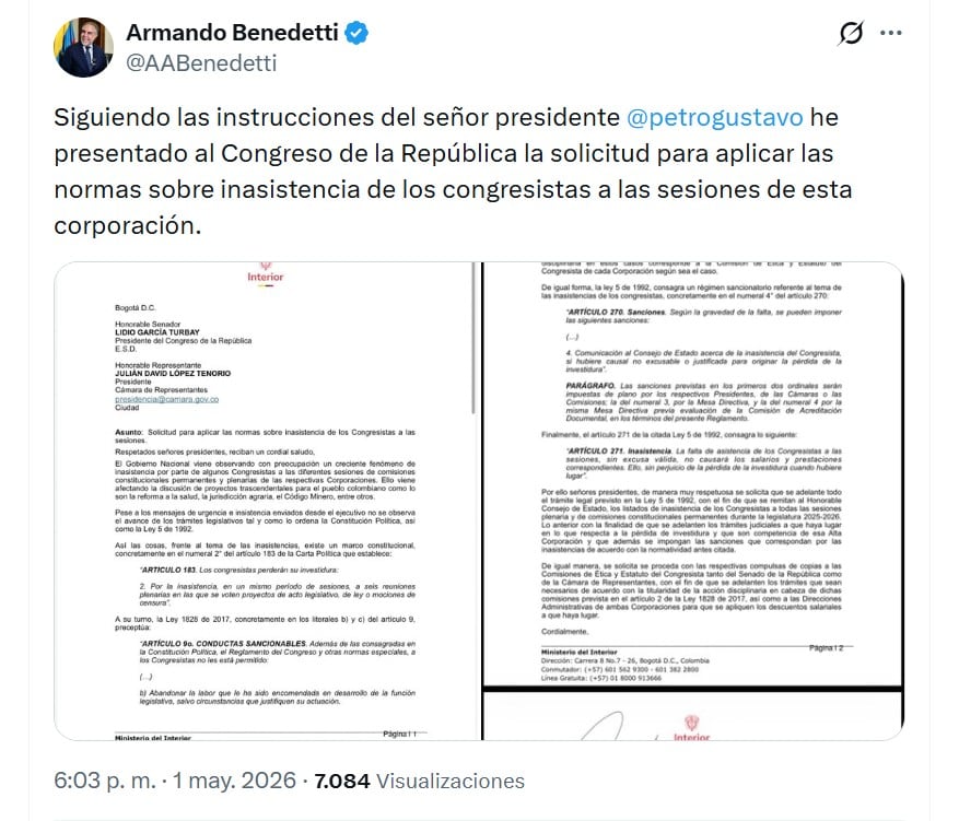 Armando Benedetti radicó un oficio ante Senado y Cámara con el fin de exigir la aplicación del reglamento frente a las inasistencias de congresistas - crédito @AABenedetti/X
