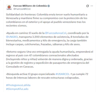 Las Fuerzas Militares de Colombia enviaron un tercer vuelo humanitario a Venezuela - crédito @FuerzasMilCol/X