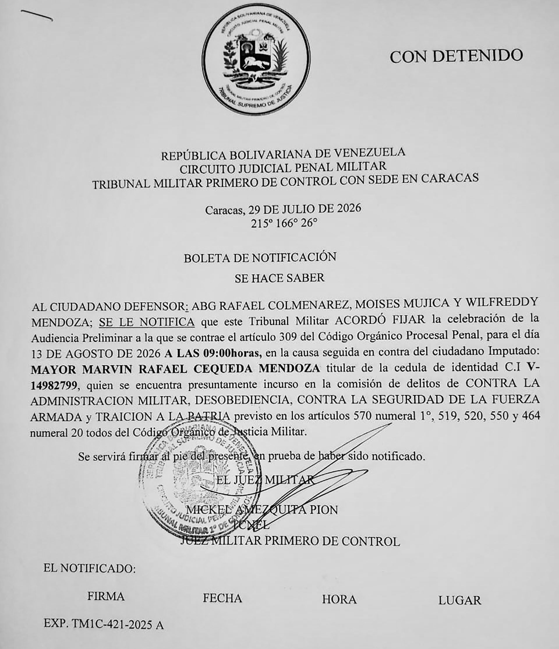 La Audiencia Preliminar fue realizada nueve meses después que Cequera fue detenido.