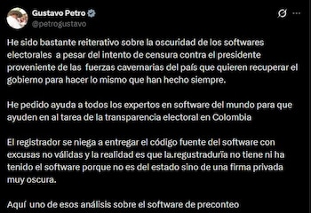 Gustavo Petro reitera sus cuestionamientos sobre la transparencia del software electoral en Colombia y advierte sobre la falta de acceso al código fuente del sistema de preconteo utilizado por la Registraduría Nacional - crédito Gustavo Petro/X