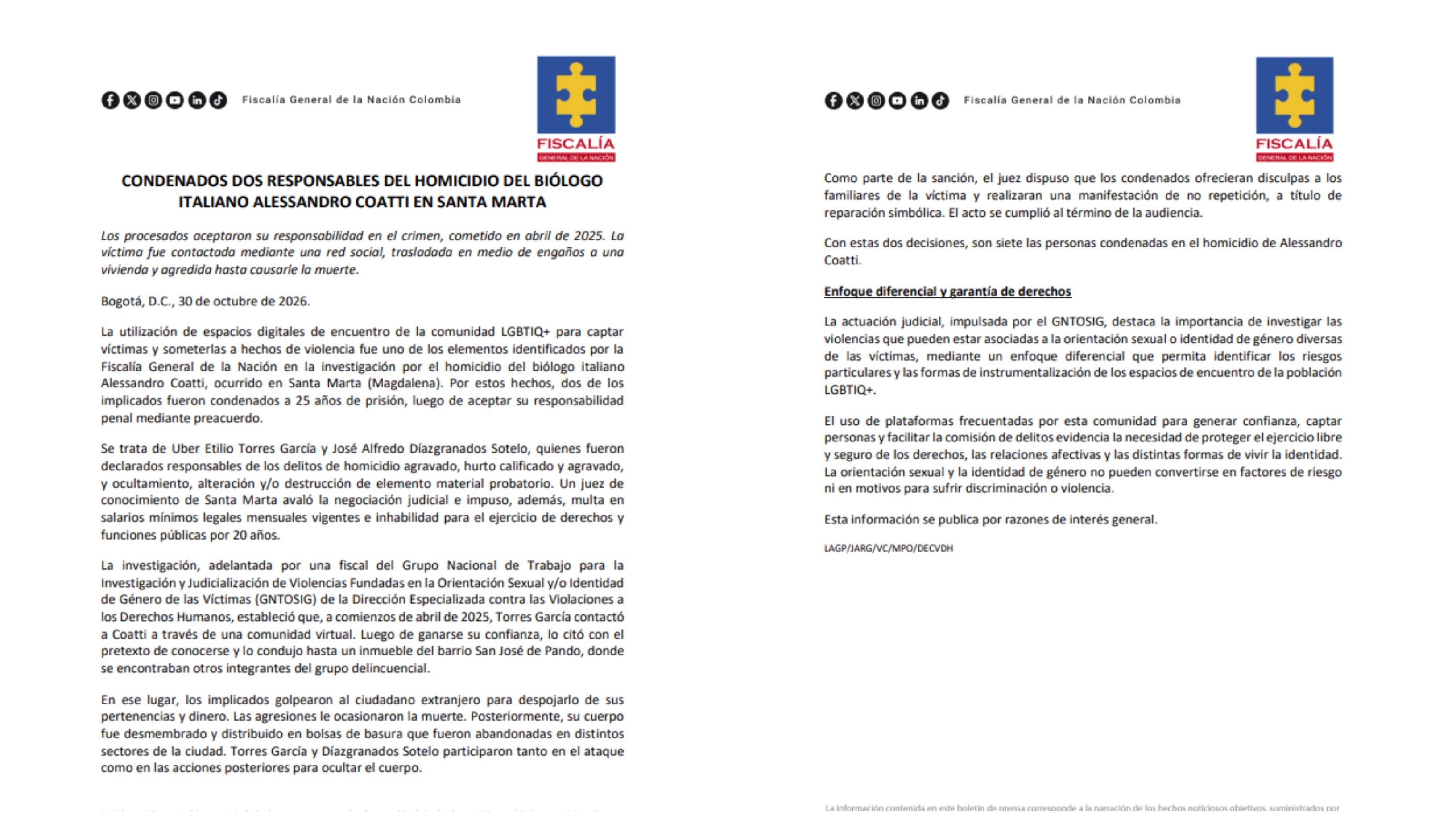 La Fiscalía entregó detalles sobre las condenas de dos de los asesinos de Alessandro Coatti - crédito Fiscalía