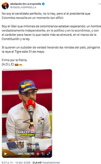 Abelardo de la Espriella presentó su plan de vivienda y destacó su desvinculación de partidos y bancos tradicionales - crédito @ABDELAESPRIELLA/X