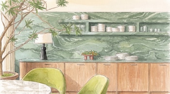 Ilustración de un interior con pared verde marmolada, estantes con vajilla blanca y vasos, muebles de madera, dos sillas verdes, una planta en maceta y una lámpara.