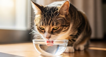 Primer plano de un gato atigrado bebiendo agua de un cuenco de cristal. Se ve su lengua rosada tocando el agua y sus bigotes blancos.