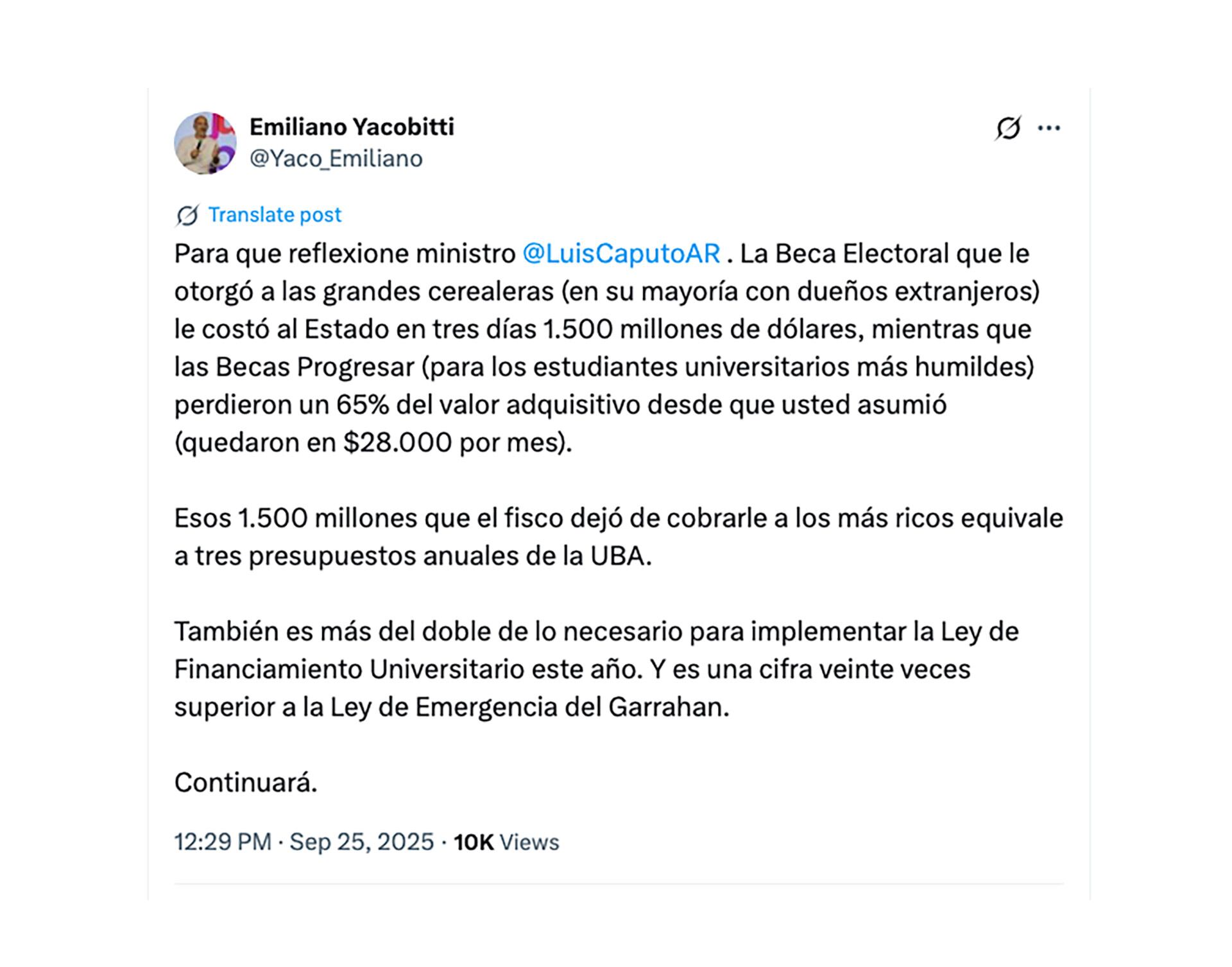 El posteo en X del vicerrector de la UBA