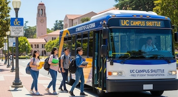 Cuatro estudiantes jóvenes caminan hacia un autobús azul y blanco de "UC Campus Shuttle" en una parada. Al fondo se ve un edificio universitario con una torre del reloj.