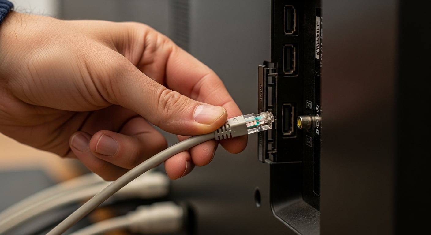 Una mano inserta cuidadosamente un cable Ethernet en el puerto trasero de un televisor, asegurando una conexión a internet estable para el dispositivo. (Imagen Ilustrativa Infobae)