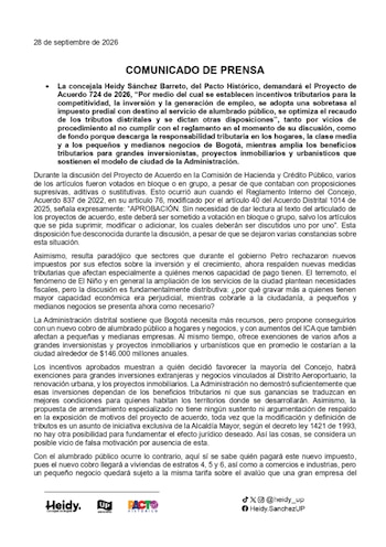 Sánchez aseguró que demandará el proyecto por presuntos vicios de procedimiento y por sus efectos sobre hogares y pequeños negocios - crédito Prensa Heidy Sánchez
