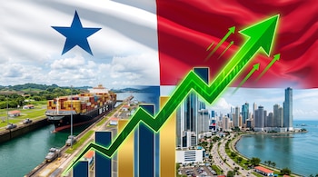 Bandera de Panamá, un buque de carga en el canal, edificios de la ciudad y un gráfico con barras y una flecha verde en ascenso.