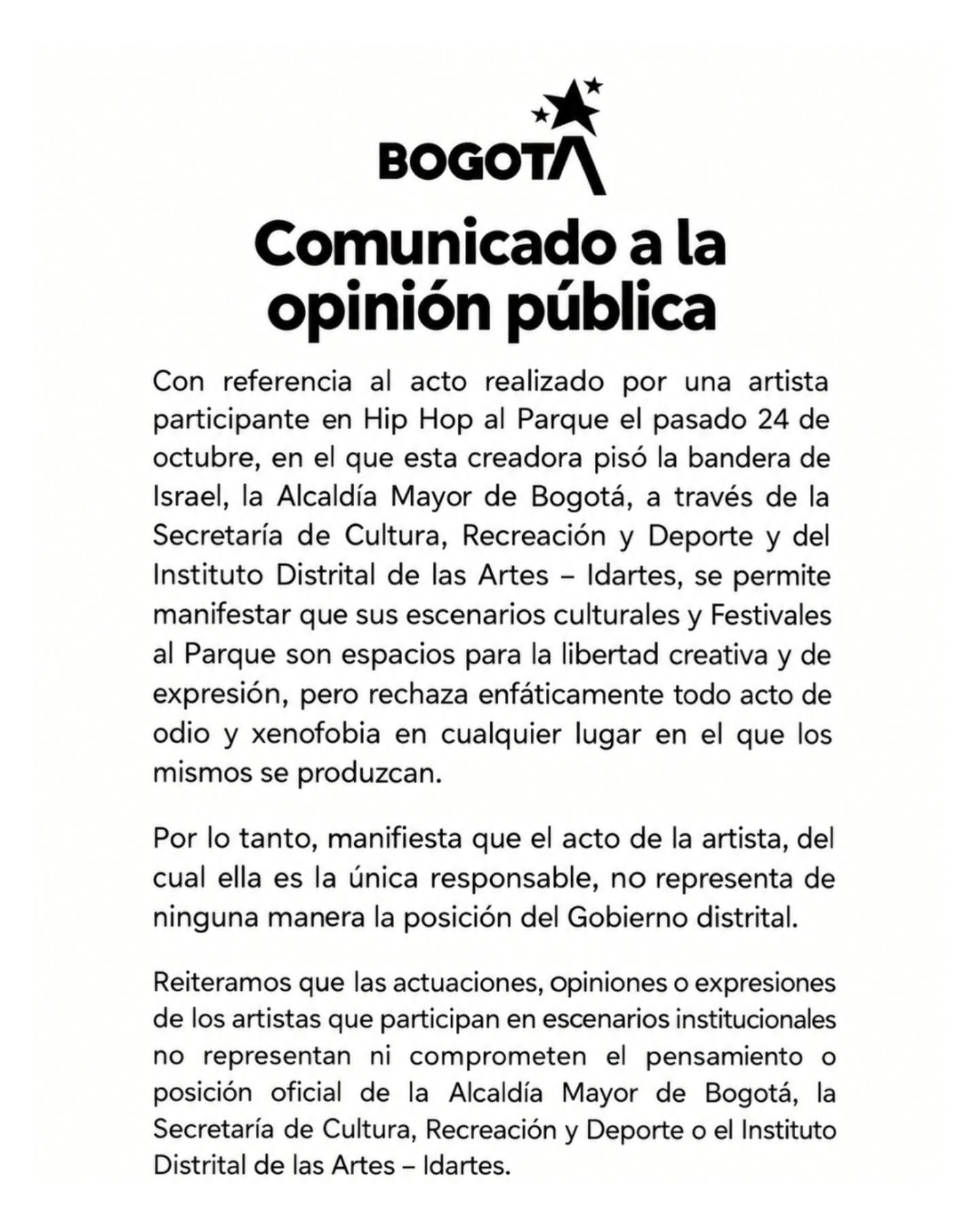Idartes rechazó acto de Chelo Hop contra bandera de Israel en Hip Hop al Parque - @Idartes/Instagram