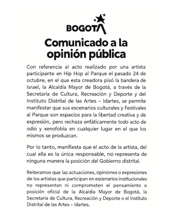 Idartes rechazó acto de Chelo Hop contra bandera de Israel en Hip Hop al Parque - @Idartes/Instagram