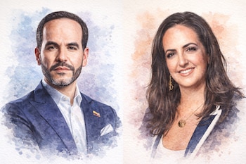 Dos retratos separados del presidente electo Abelardo de la Espriella y la exsenadora y exprecandidata presidencial, María Fernanda Cabal, en una ilustración con estilo acuarela - crédito