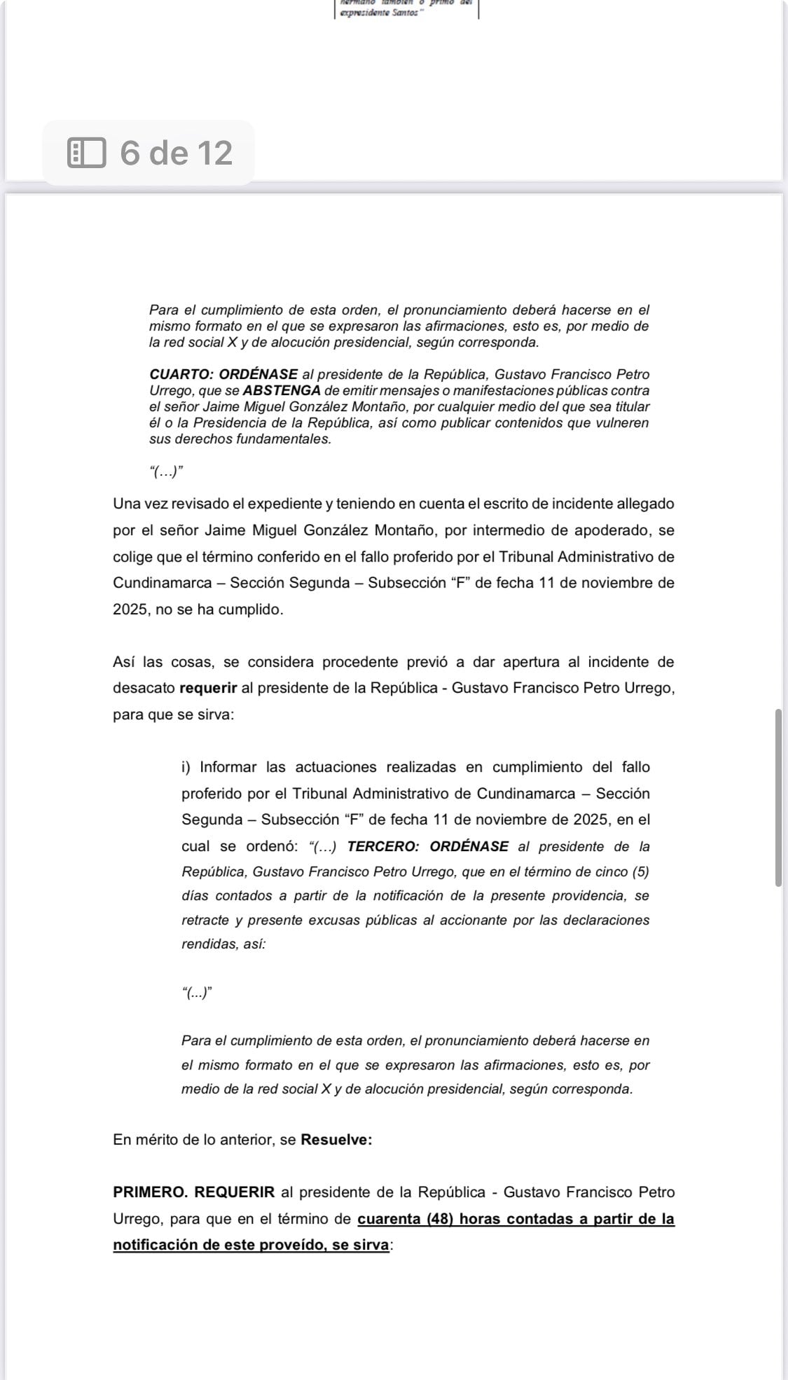 El incidente de desacato radicado por Jaime Miguel González Montaño busca que se haga efectivo el cumplimiento de la orden judicial - crédito redes sociales/X