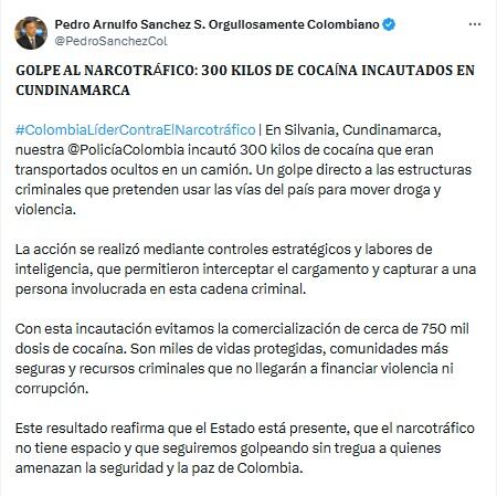 Ministro de Defensa - Incautación de cocaína en Silvania, Cundinamarca - crédito @PedroSanchezCol/X