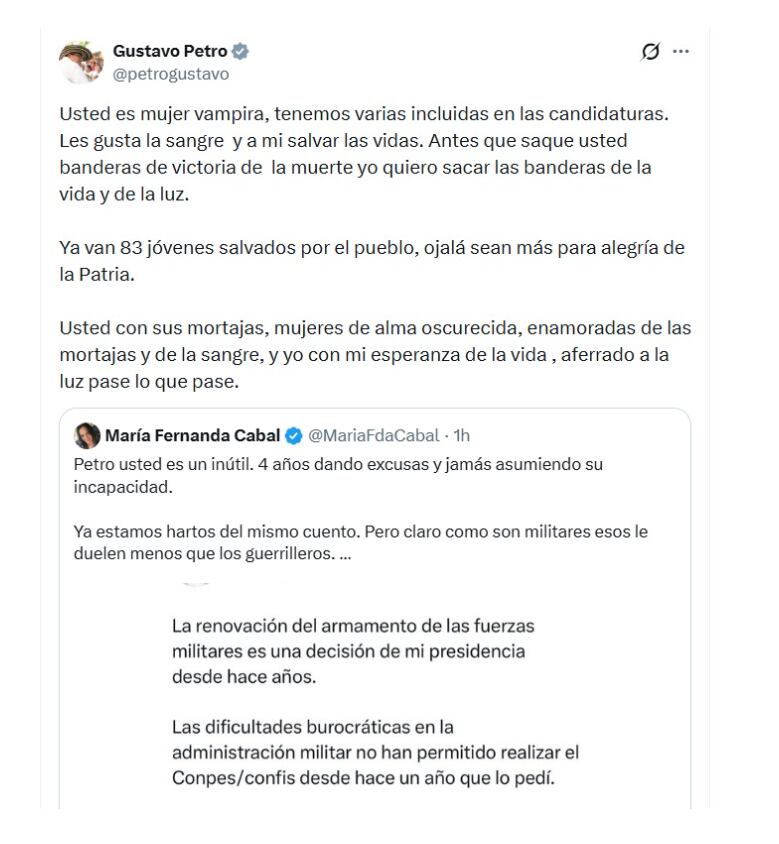 Con esta publicación, el presidente Gustavo Petro le salió al paso a las críticas de la María Fernanda Cabal, a la que categorizó con duros términos - crédito @petrogustavo/X