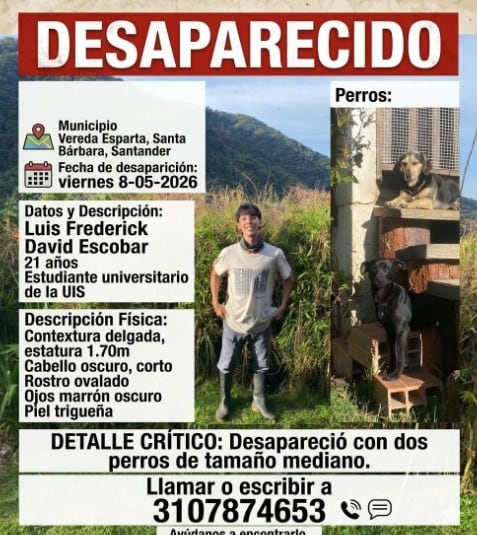 Luis Frederic Escobar, estudiante universitario de 21 años, suma más de 48 horas desaparecido en el páramo de Santurbán, en Santander - crédito Redes sociales