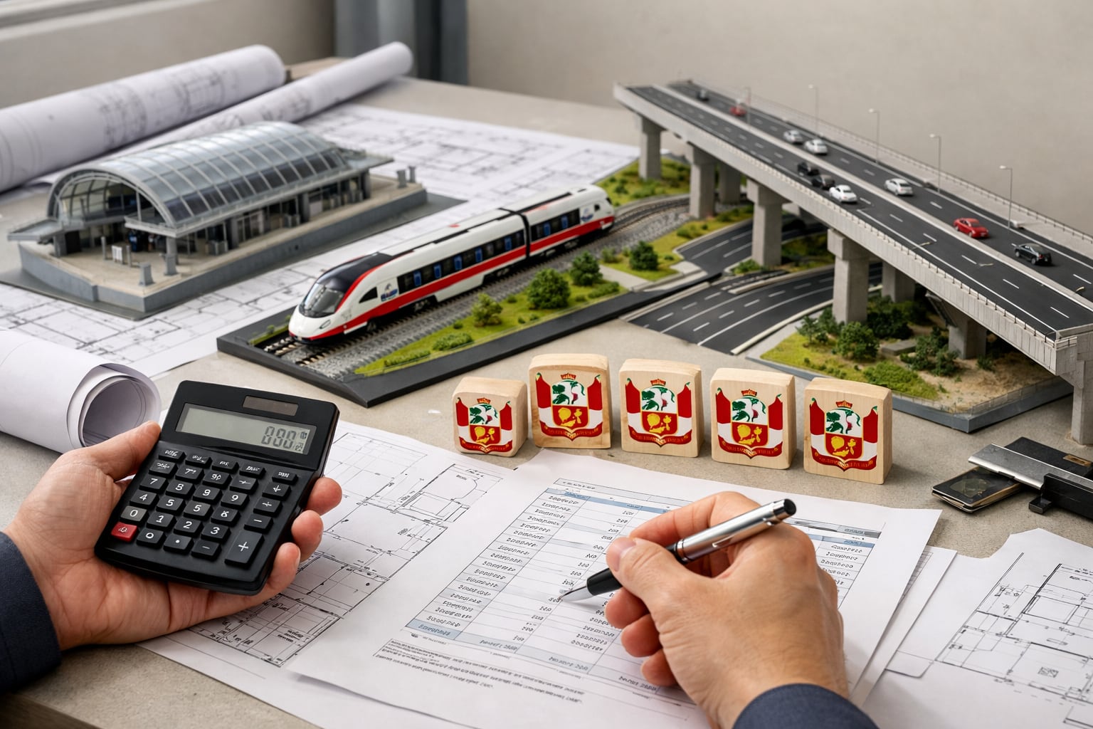 La planificación financiera de grandes obras de infraestructura en Perú se ilustra con maquetas de construcciones, planos y el cálculo de presupuestos. (Imagen Ilustrativa Infobae)
