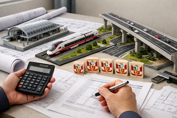 Manos con calculadora y bolígrafo sobre documentos y planos. Maquetas de estación de tren, tren, carretera elevada y bloques de madera con escudo de Perú.