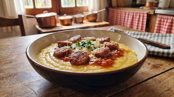 Plato hondo con polenta, trozos de salchicha, salsa de tomate, queso rallado y perejil, junto a un mantel a cuadros y cacerolas al fondo.