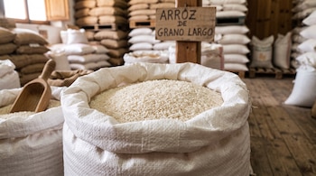 Un saco blanco abierto lleno de arroz de grano largo, junto a una cuchara de madera y varios sacos apilados al fondo.