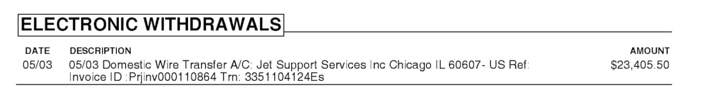 Una de las transferencias a Jet Support Services, desde la cuenta del JP Morgan