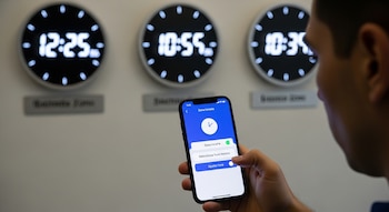 Primer plano de una persona ajustando la zona horaria en un celular. De fondo, tres relojes digitales muestran distintas horas sobre una pared blanca.
