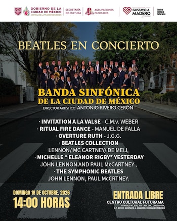 Cartel publicitario con una fotografía de la Banda Sinfónica de la Ciudad de México en un paso peatonal y detalles de un concierto