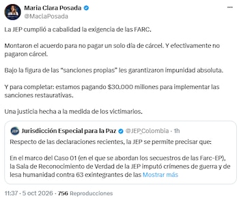 María Clara Posada le contestó a la JEP - crédito @MaclaPosada/X