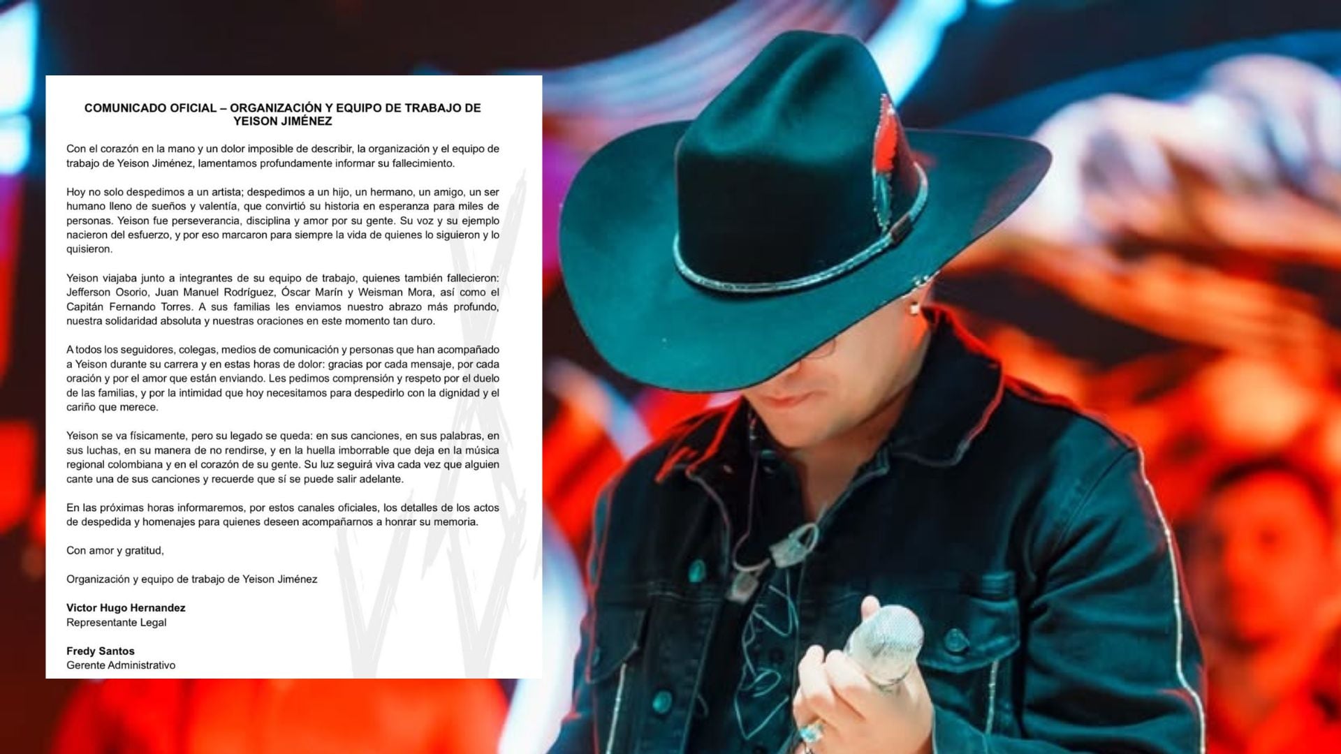 Conmoción en Colombia por la trágica muerte del cantante Yeison Jiménez en accidente aéreo