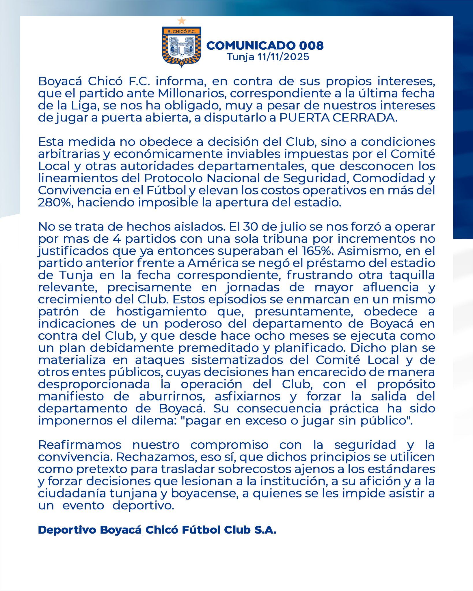El cuadro ajedrezado emitió un duro comunicado de prensa tras la decisión de la Comisión de Seguridad y Convivencia de Tunja de no permitir público visitante en el estadio La Independencia de Tunja - crédito @BCHICOFCOFICIAL / X