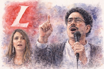 Ilustración en acuarela de Iván Cepeda con micrófono y dedo levantado, Paloma Valencia en segundo plano, y una "L" blanca grande al fondo.
