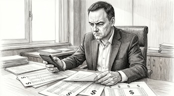 Dibujo en blanco y negro de Manuel Adorni con traje, sentado en un escritorio, revisando papeles con símbolos de pesos y números, y sosteniendo una calculadora.