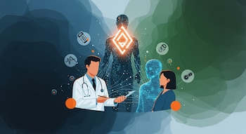 Ilustración digital de un médico, una paciente y una figura holográfica de IA interconectados por líneas de datos y símbolos médicos en un fondo abstracto oscuro.