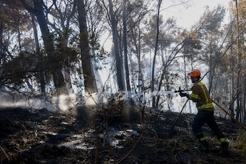 Bomberos actúan ante el incendio originado este miércoles en Gavà (Barcelona). (Quique García/EFE)