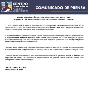 El Centro Democrático respaldó públicamente