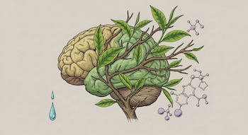 Ilustración de un cerebro humano de perfil con ramas, hojas verdes, dos gotas de agua y varias estructuras moleculares en tonos violetas sobre fondo neutro.
