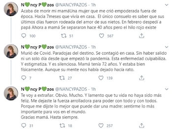 Los tuits de Nancy Pazos anunciando la triste noticia de la muerte de su mamá