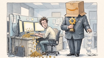 Dibujo de un oficinista ante tres monitores junto a un hombre de traje con una caja de Amazon por cabeza que sostiene un trofeo y un recibo.