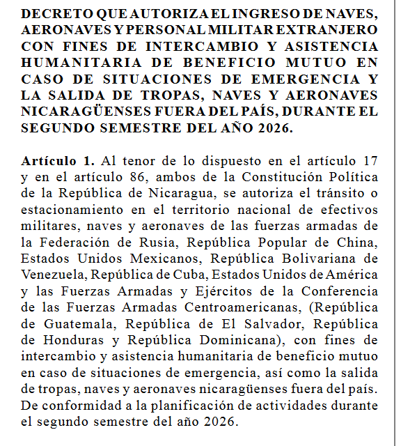 La autorización contempla la llegada de personal militar, naves y aeronaves de Estados Unidos y México para misiones humanitarias y de rescate ante desastres naturales. (Captura de La Gaceta)