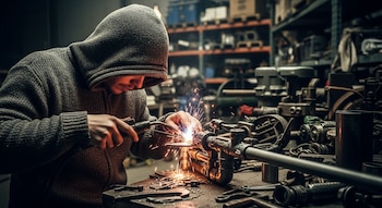 Un hombre con gorro de suéter suelda piezas metálicas, produciendo chispas, mientras fabrica un arma artesanal en una bodega con herramientas y materiales.