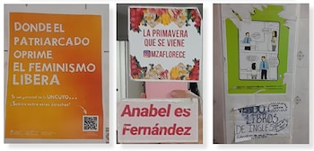 Pared con tres pósteres y un letrero. Uno naranja con texto, uno floral con nombre, uno verde con cómic de oficina y un aviso manuscrito de venta de libros
