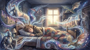 Un joven duerme en una cama con colcha de retales. De su cabeza emanan remolinos luminosos con caballeros, dragones y ciudades fantásticas.