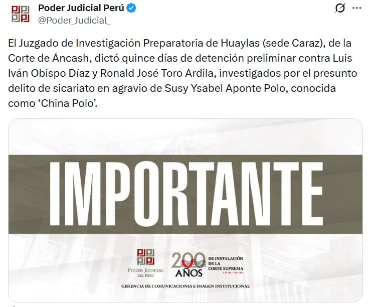 El Juzgado de Investigación Preparatoria de Huaylas dictó quince días de detención preliminar contra dos sospechosos por presunto sicariato en Áncash. (Poder Judicial)