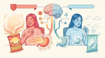 Ilustración de una mujer comiendo ante dos bolsas de aperitivos, conectada por líneas a un gráfico de cerebro y dos estómagos.