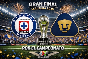 Imagen promocional de la Gran Final Clausura 2026 con los logos de Cruz Azul y Pumas, un trofeo central y un estadio lleno de fans con fuegos artificiales.