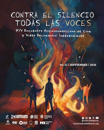 Ilustración de personas en silueta alrededor de una fogata, con títulos y logotipos institucionales en la parte superior e inferior